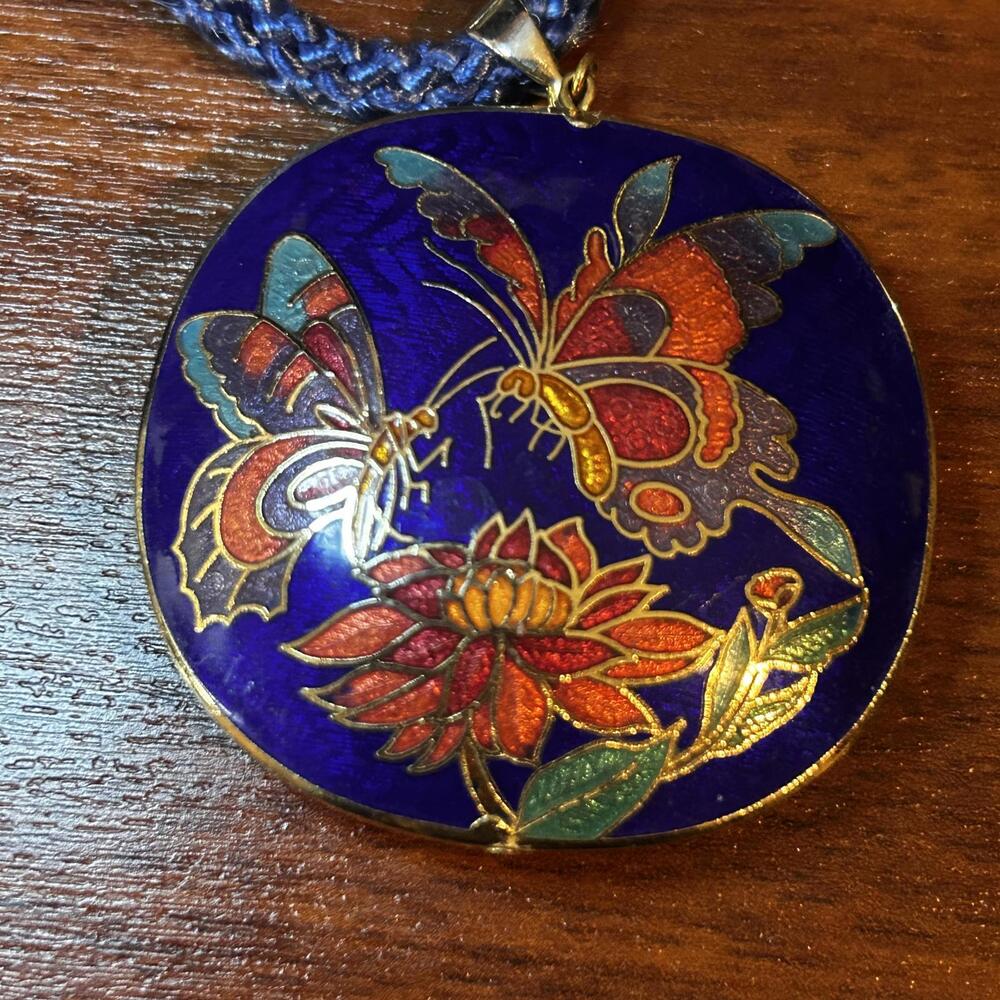 Vintage Cloisonné Butterfly and Flower Pendant Necklace with Blue Braided Cord